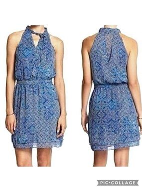 Banana Republic Factory Dress Halter Mini Blouson Blue Tie Neck Paisley 4 Boho